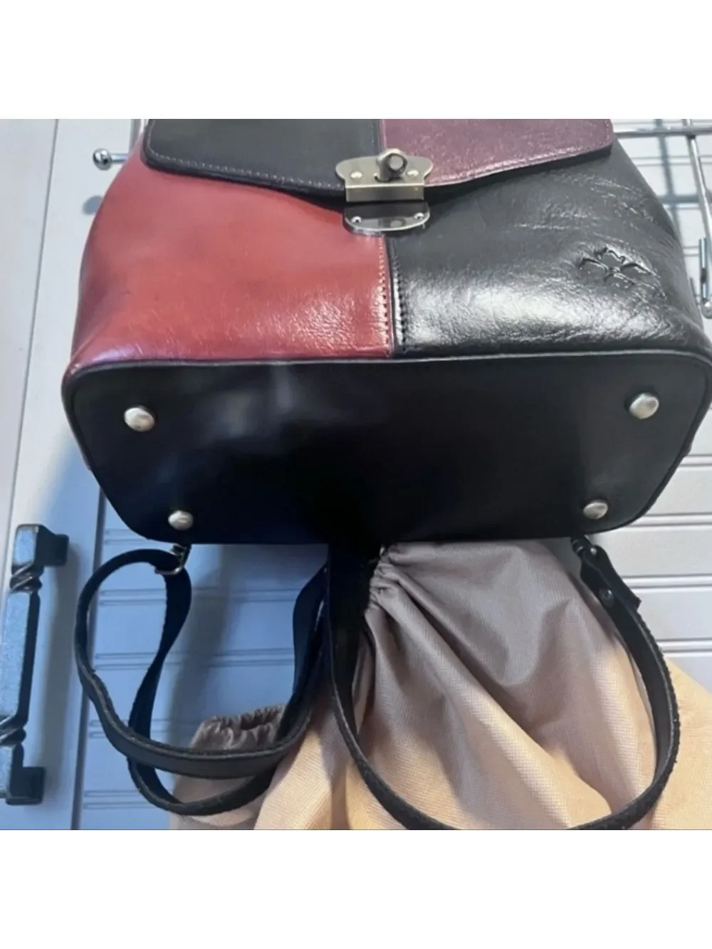 Patricia Nash Sinclair Leather Convertible Backpack-Colorblock Black/Tan- EUC